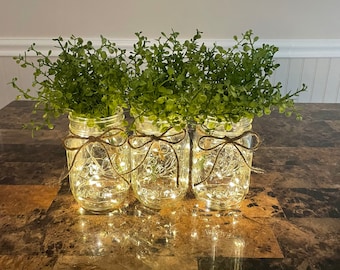 Lighted Mason Jar Centerpiece: Rustic Twine & Fairy Lights, Graduation Centerpieces, Table Centerpiece