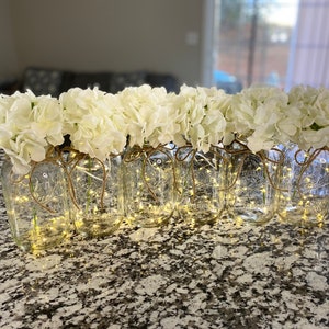 Set Of 6 Fairy Light Mason Jars, Wedding Table Centerpieces, Pink Hydrangeas, Party Table Centerpiece, Mason Jars, Rustic Home Decor image 6