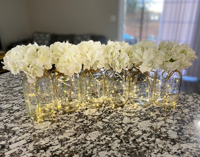 Set Of 6 Fairy Light Mason Jars, Wedding Table Centerpieces, Pink Hydrangeas, Party Table Centerpiece, Mason Jars, Rustic Home Decor image 6