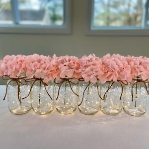 Set Of 6 Fairy Light Mason Jars, Wedding Table Centerpieces, Pink Hydrangeas, Party Table Centerpiece, Mason Jars, Rustic Home Decor