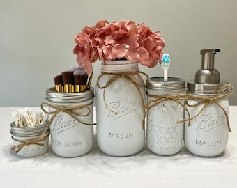 Mason Jar Bathroom Decor, White Mason Jars, Farmhouse Bathroom Decor, Christmas Gift, Bathroom Dispenser, Rustic Bathroom Decor