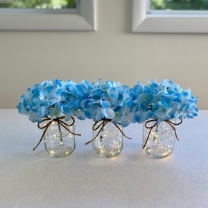 Mason Jar with Lights, Royal Blue Hydrangeas, Centerpiece For Dining Table, Lighted Mason Jar, Farmhouse Table Decor, Flower Mason Jars image 5