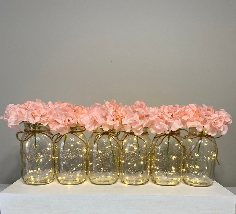 Set Of 6 Fairy Light Mason Jars, Wedding Table Centerpieces, Pink Hydrangeas, Party Table Centerpiece, Mason Jars, Rustic Home Decor image 1