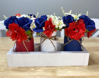 4th of July, Mason Jar Centerpiece, Fourth Of July Decor, Independence Day, Farmhouse Decor, Mason Jars, Gifts, Patriotic, Kitchen Decor