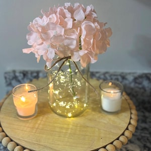 Lighted Mason Jar Centerpiece: Pink Hydrangeas, Fairy Lights, Set of 12, Graduation Centerpieces