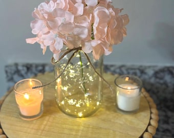 Lighted Mason Jar Centerpiece: Pink Hydrangeas, Fairy Lights, Set of 12, Graduation Centerpieces