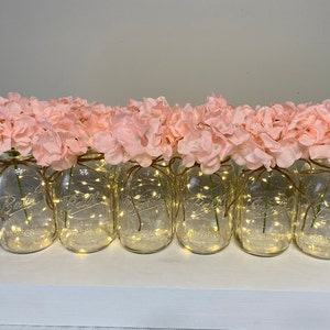 Set Of 6 Fairy Light Mason Jars, Wedding Table Centerpieces, Pink Hydrangeas, Party Table Centerpiece, Mason Jars, Rustic Home Decor image 10