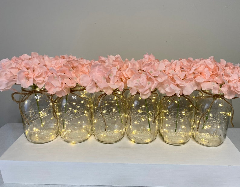 Set Of 6 Fairy Light Mason Jars, Wedding Table Centerpieces, Pink Hydrangeas, Party Table Centerpiece, Mason Jars, Rustic Home Decor image 10