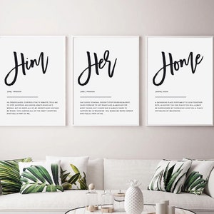 Set de 3 descargables su casa impresiones, decoración para el hogar imprimible, parejas Arte de la pared, su lado su lado amor impresión, monocromo ilustrativo