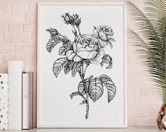 Floral Print, Wall Art, Printable, Digital Download, Botanical Art, Flowers, Leaves, Modern Art, Rose Illustration