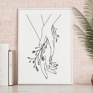 Botanical Holding Hands Line Art Minimalist Poster, Nordic, Abstract, Black White Sketch, Home Decor Poster, printable Wall Art, Home Decor