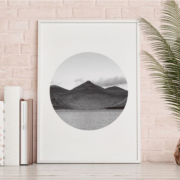 Mountain range circle Poster, Wall Art, Printable, Digital Download, black and white lake landscape photography, Mournes, Northern Ireland.