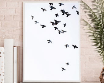 Flying birds Print, black and white, Wall Art, Printable Download, pigeon print, monochrome, animal feather poster, Birds in flight