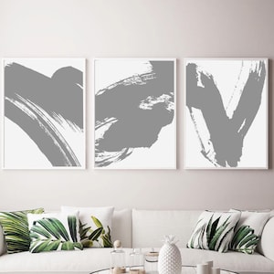 Conjunto de 3 impresiones descargables en gris y blanco, arte de pared abstracto gris imprimible, trazos de pintura monocromática ilustrativos, carteles de habitaciones modernas