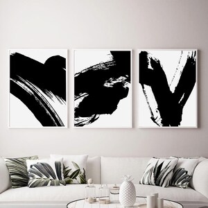 Set de 3 impresiones descargables en blanco y negro, arte de pared abstracto negro imprimible, trazos de pintura monocromática ilustrativa, carteles de la habitación moderna
