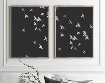 Set of 2 Flying birds Print, black and white, Wall Art, Printable Download, pigeon print, monochrome, animal feather poster, Birds in flight