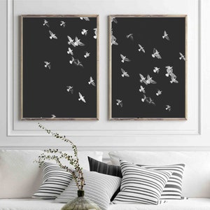 Set of 2 Flying birds Print, black and white, Wall Art, Printable Download, pigeon print, monochrome, animal feather poster, Birds in flight