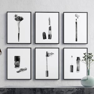 Set von 6 Make-up Illustration, schwarz und weiß, Wand Kunst, bedruckbarer Download, make up, handgezeichnetes Monochrom, Makeup, Poster, Make-up.
