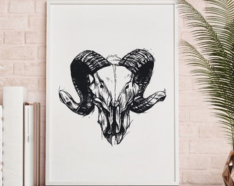 Ram Skull Illustration Print, Black and White, Hand-Drawn (Digital Download)