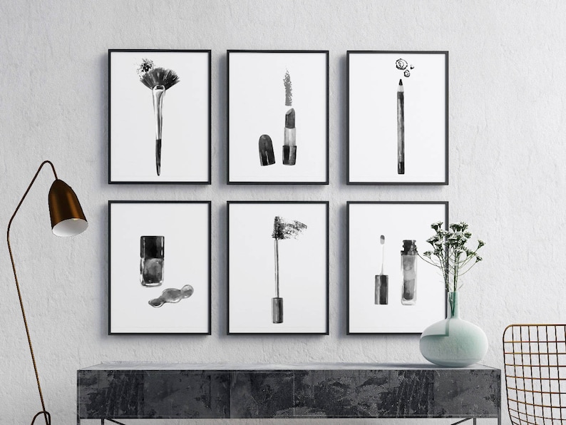 Set of 6 makeup illustration Print black and white Printable Download Wall Art makeup room poster. make up hand drawn monochrome