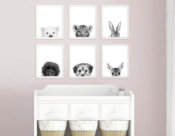 Black and White Baby Animal Prints, Set of 6, Nursery Decor (Digital Download)