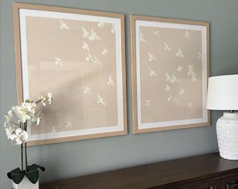 Flying Birds Print Set, Beige Neutral Wall Art (Printable Download)