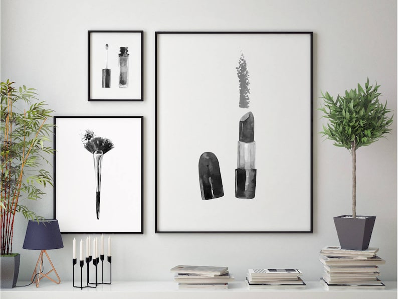 Set of 6 makeup illustration Print black and white Printable Download Wall Art makeup room poster. make up hand drawn monochrome