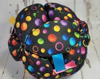 Rainbow Dots Sensory Clutch Ball with Ribbon Tags, Exercise, Fidget, Lightweight, Montessori Ball, Amish Puzzle Ball, Baby Shower Gift