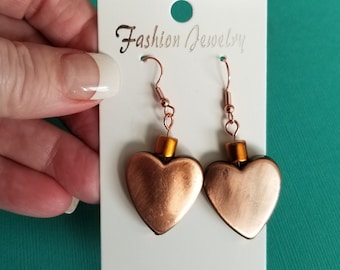 Handmade Rose Gold Heart Earrings: 2-inch Dangle Jewelry