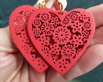 RED Heart Earrings, 2 1/2" long, coastal cowgirl, gift, casual, Handmade Jewelry