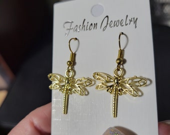Dragonfly Earrings, 1 3/4 inches long, Light weight, Clipon available, Golden, Great Gift, Handmade Jewelry