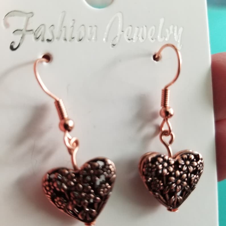 1 12 inches long Handmade Jewelry Great Gift for Her or Yourself Rose Gold Heart Earrings