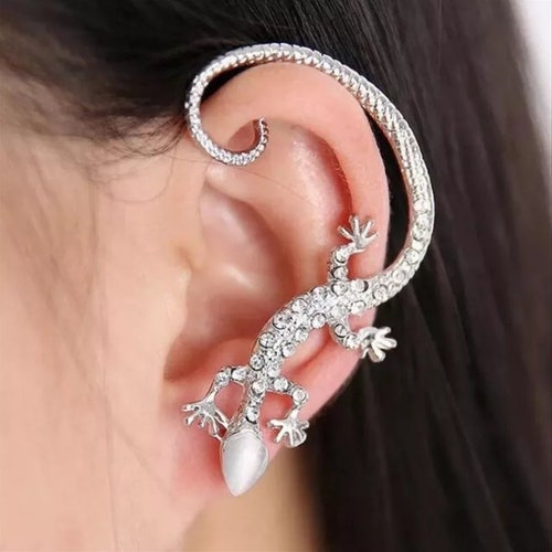 SILVER Lizard Stud Earring Ear Wrap Post Earring Rhinestone Etsy