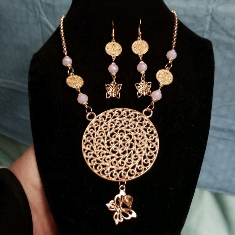 Gold Clipons Available Rose Gold Chain Gift Treat Yourself Great Gift for Her Butterfly NecklaceEarrings Set Anniversary Rose Beads