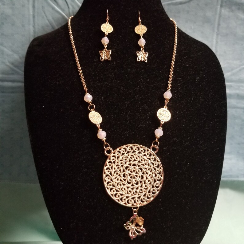 Gold Clipons Available Rose Gold Chain Gift Treat Yourself Great Gift for Her Butterfly NecklaceEarrings Set Anniversary Rose Beads