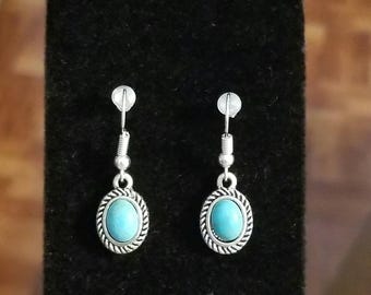 Silver Turquoise Earrings. Clip-on available. Handmade Jewelry. Gift.