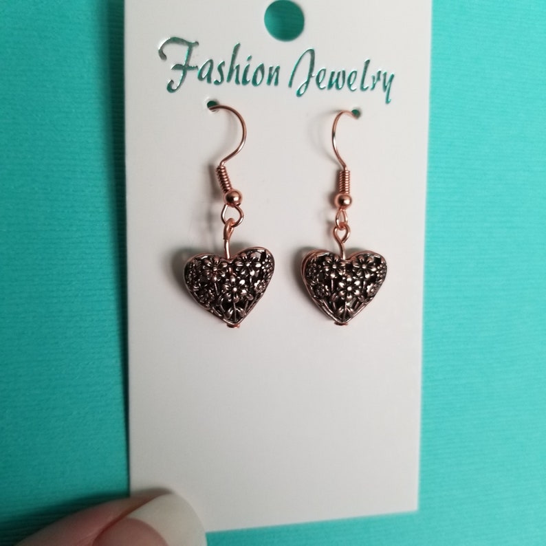 1 12 inches long Handmade Jewelry Great Gift for Her or Yourself Rose Gold Heart Earrings