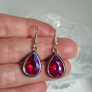 Ruby Red Teardrop Earrings, silver, Clipon available, Handmade Jewelry, Anniversary, Wedding, Great Gift for Her or Yourself