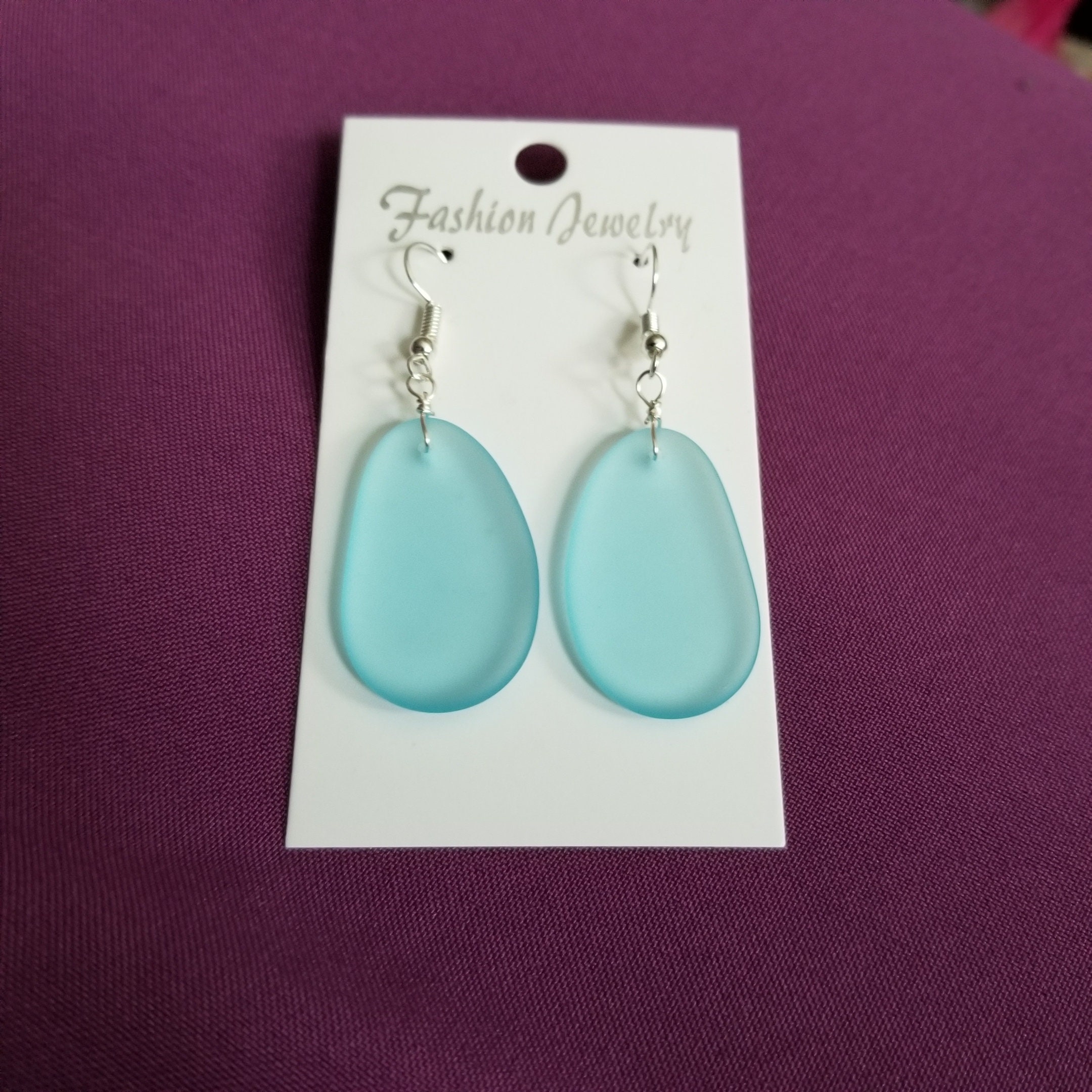 Aqua Sea Glass Style Earrings, Silver, Clip-on Available, Elegant