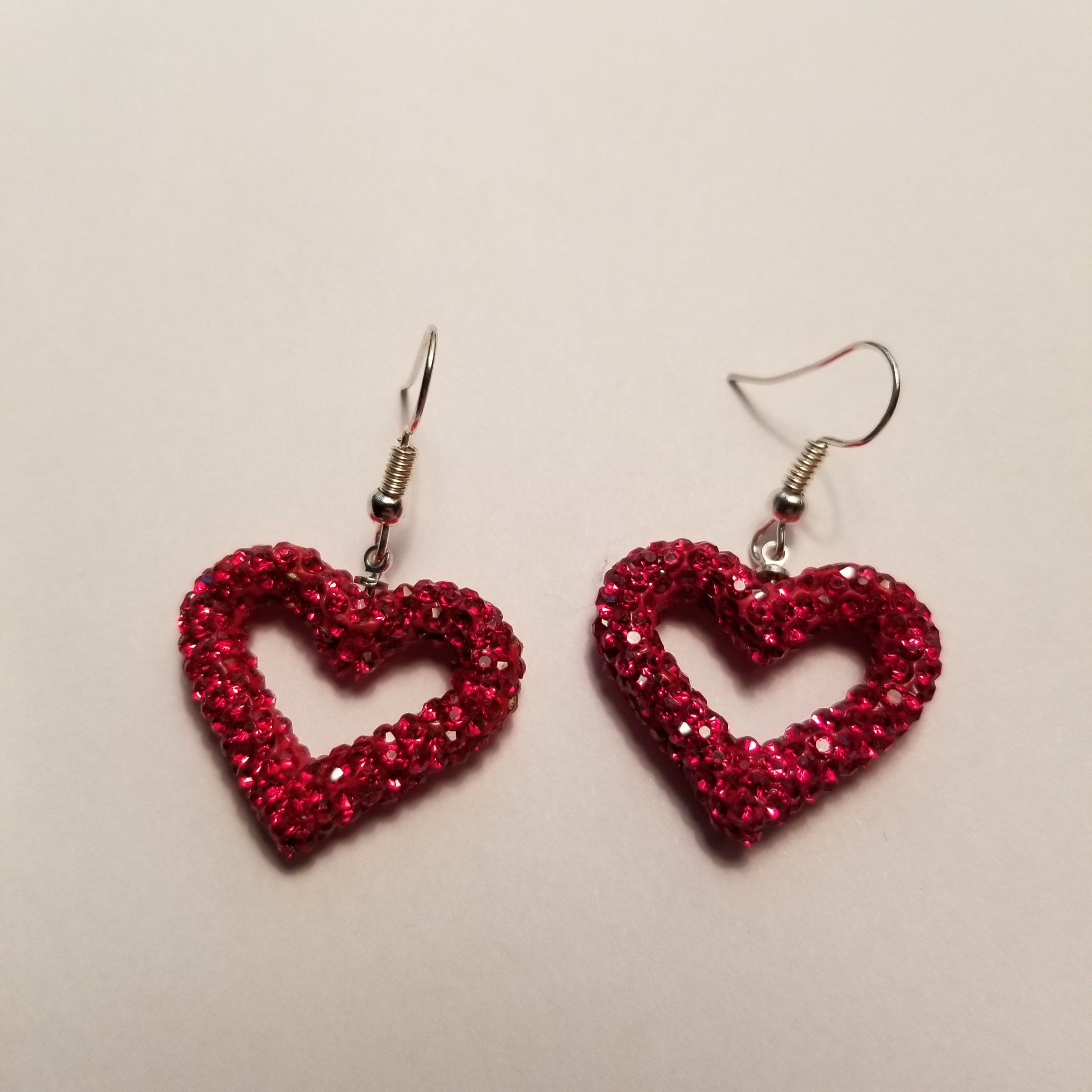 Red heart earrings Valentines Day earrings dangle jewelry 1 5/8