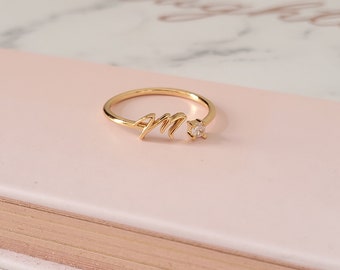 Bague pour femme réglable en plaqué or avec initiales