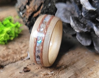 Natural opal ring, Wood opal band, Abalone ring, Raw Opal Jewelry, Womens ring, October birthstone ring, Cooper ring, poplar ring