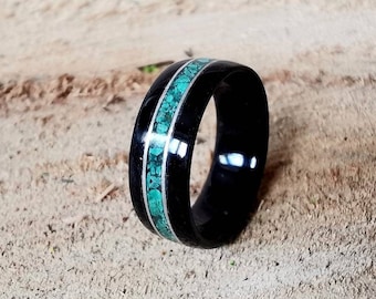 Malachite wooden wedding ring Custom inlay band Handcrafted unique jewelry Statement gift for her for him Mens Womens boho rustic