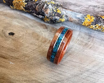 Custom turquoise ring, chrysocolla wood ring, Mens ring, Womens ring, custom inlay band, Anniversary rings, Personalized ring, Promise ring