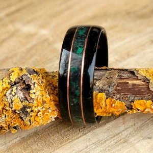 Obsidian ring, Malachite band, wooden signet, Obsidian Jewelry, wooden wedding band, personalized wedding band, Wood custom band