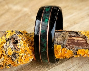 Obsidian ring, Malachite band, wooden signet, Obsidian Jewelry, wooden wedding band, personalized wedding band, Wood custom band