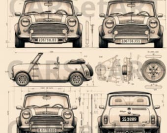 Mini Cooper 2 Pack, Digital Download, Digital Art Print, Classic Mini Cooper, PNG, PNG Files, Technical Drawing