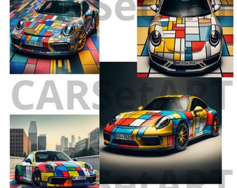 Pack 4 PNGs Porsche 911 Collection: Fusion of Art and Design, Mondrian