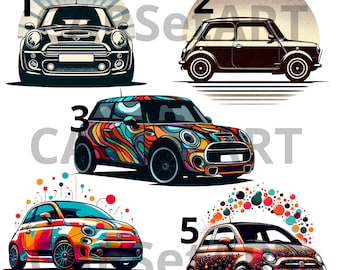 Pack of 5 High Quality MINI AUSTIN and Fiat 500 PNGs with Transparent Background - Ideal for Creative and Design Projects