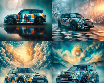 Pack 4 Mini Cooper, Digital Download, Digital Art Print, Classic Mini Cooper, PNG Files, Mini R55, R56. Piet Mondrian